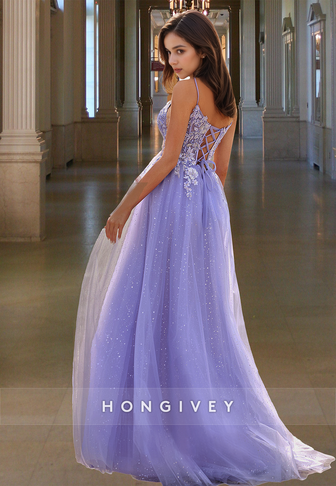 Lilac Tulle Applique Spaghetti Straps A-Line with Slit Party Prom Dress Ball Gown