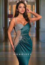 Luxurious Beaded Straps Mermaid Dresses Sexy Dark Green Empire Waist Satin Cocktail Party Dress