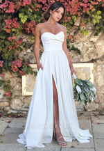 Chic Strapless Bow A-Line with Belt Satin Wedding Dress Bride Gown