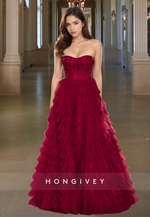 Red Tiered Ruched Strapless A-Line Tulle Long Quinceanera Party Ball Gown