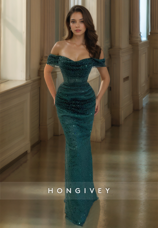 HONGIVEY Glitter Off-Shoulder Mermaid Mermaid Elegant Pine Floor Sequined Prom Gown