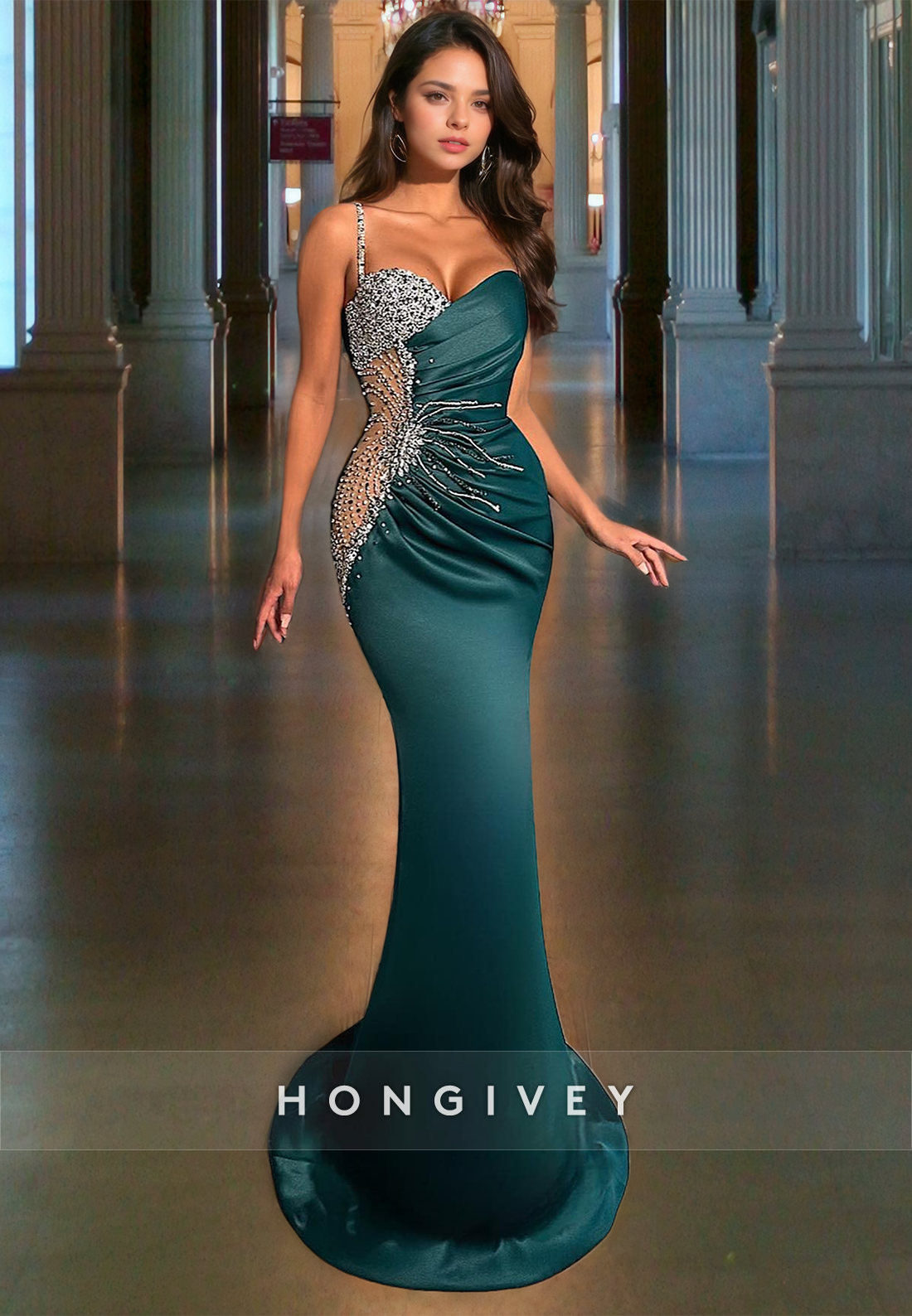 Luxurious Beaded Straps Mermaid Dresses Sexy Dark Green Empire Waist Satin Cocktail Party Dress