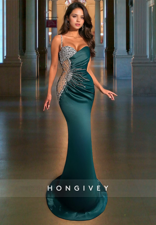 Luxurious Beaded Straps Mermaid Dresses Sexy Dark Green Empire Waist Satin Cocktail Party Dress