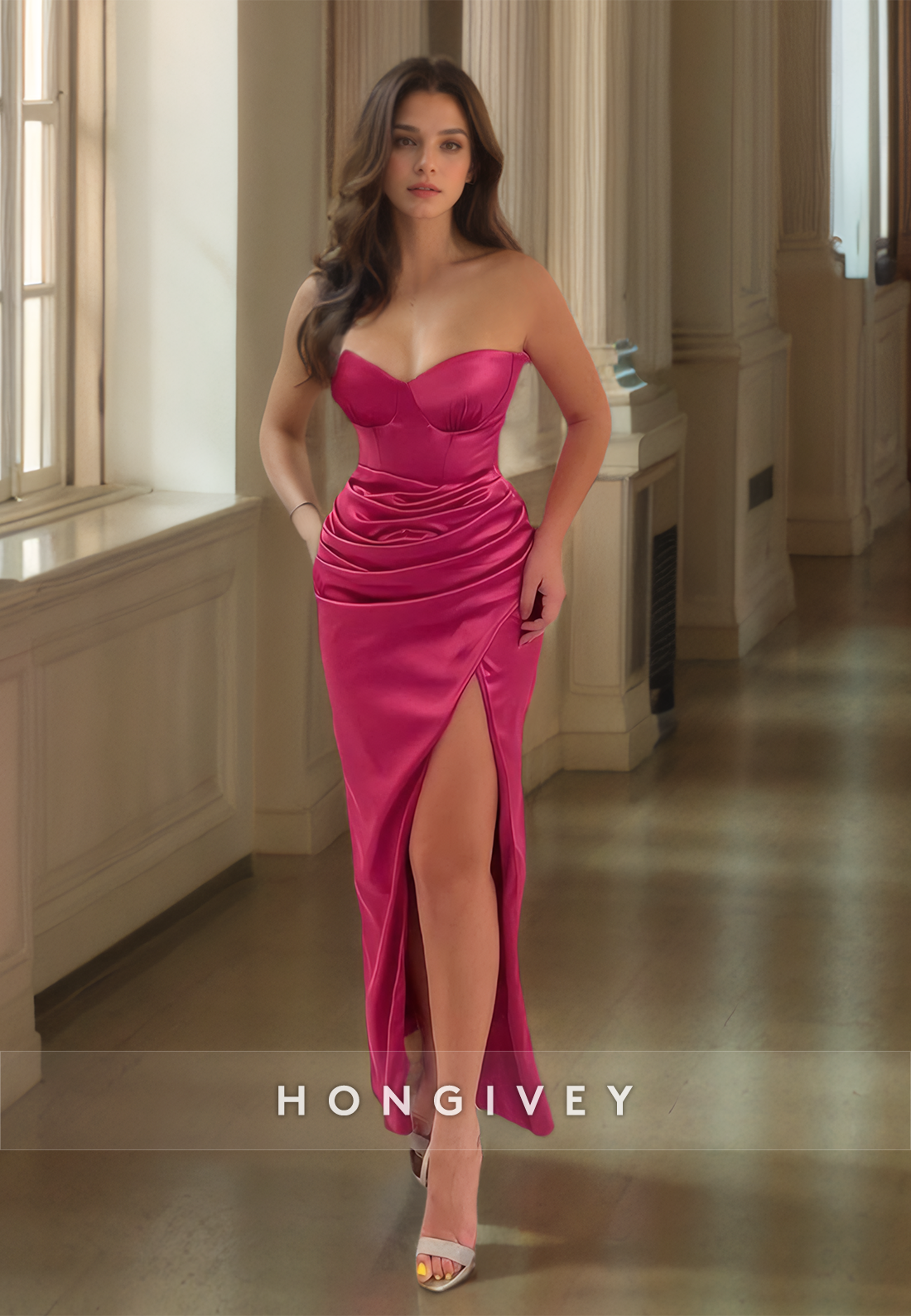 HONGIVEY Simple Solid Ruched Long Sheath Formal Evening Dress Strapless Satin Party Wear