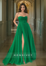 HONGIVEY Green Polka Dot Tulle Prom Dress Strapless A-Line Sweetheart Ball Gown