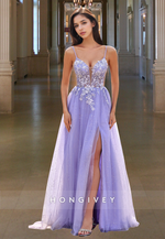 Lilac Tulle Applique Spaghetti Straps A-Line with Slit Party Prom Dress Ball Gown