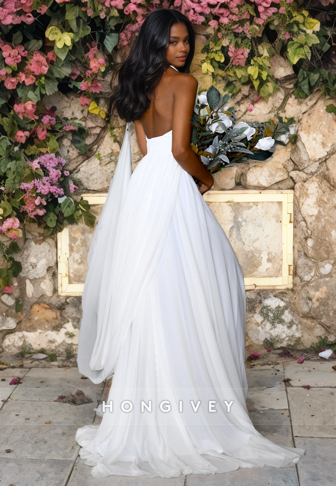 Sexy V-Neck Halter Open Back Sheath Tulle with Train Wedding Dress Bride Gown