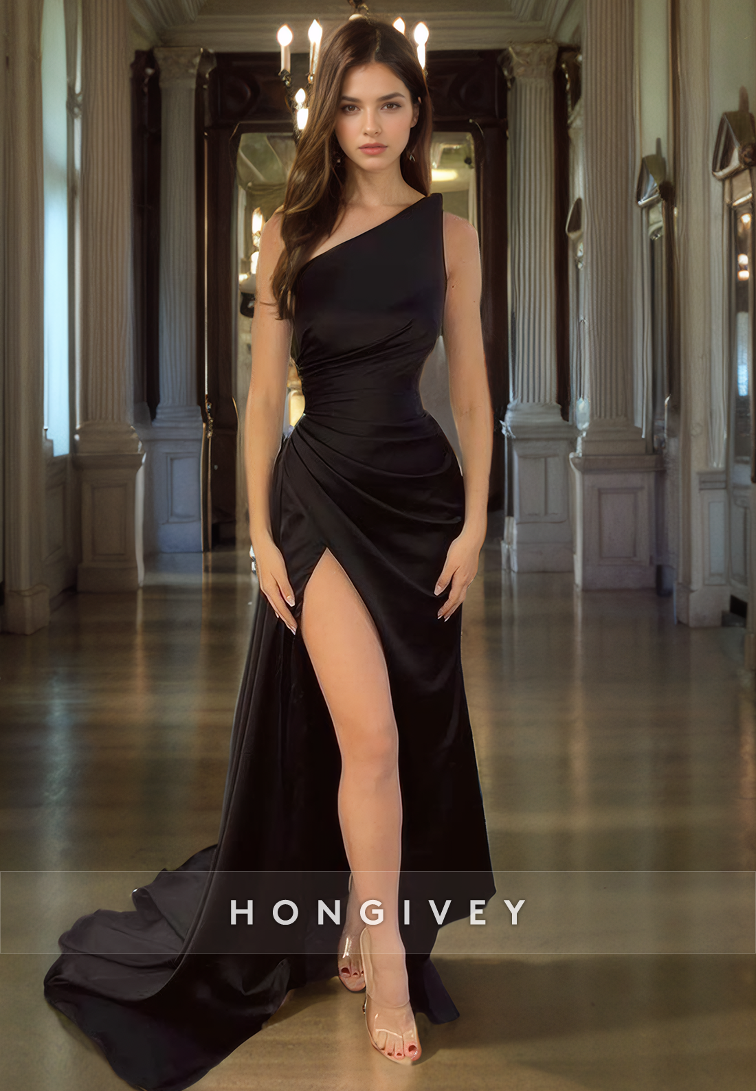 L1176 - Simple Strapless Ruched With Train And Slit Party Prom Evening Formal Dress