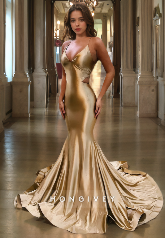 Champagne Sexy Open Back Mermaid with Train Evening Dress HONGIVEY