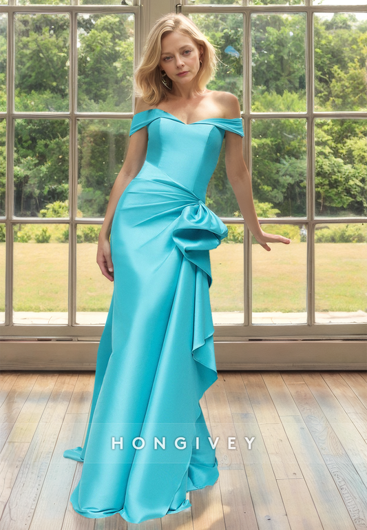 Asymmetrical Off-Shoulder Ruched Empire Satin Long Mother of the Bride Dress