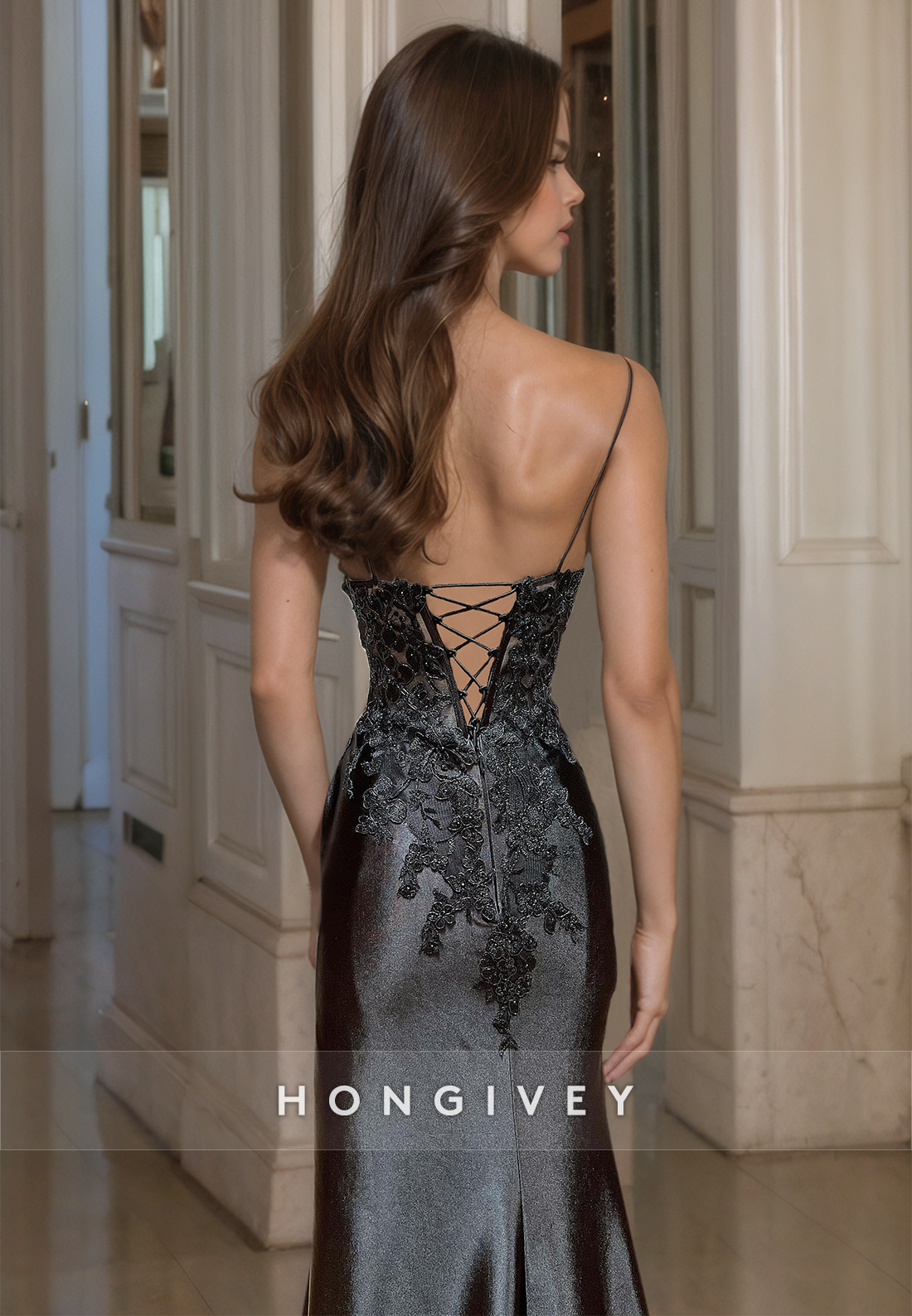 HONGIVEY Sexy Straps Backless Black Formal Evening Dress Lace Floor Trumpet Prom Gown