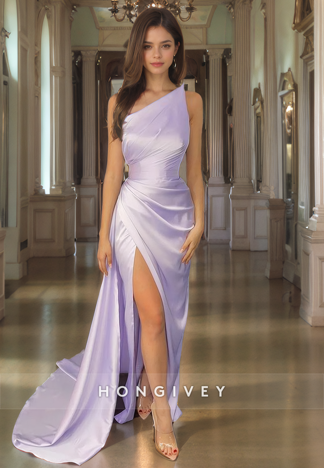 L1176 - Simple Strapless Ruched With Train And Slit Party Prom Evening Formal Dress