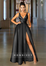 Classical V-Neck Strapless A-Line Prom Dress with Belt and Side Slits Floor Length Party Gown