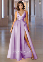 Classical V-Neck Strapless A-Line Prom Dress with Belt and Side Slits Floor Length Party Gown