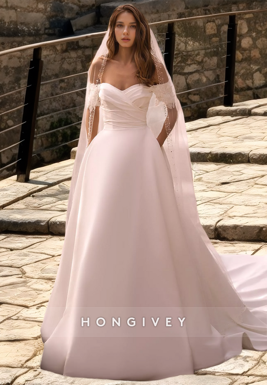 Sexy Satin A-Line Off-Shoulder Ruched Empire Appliques With Train Wedding Dress