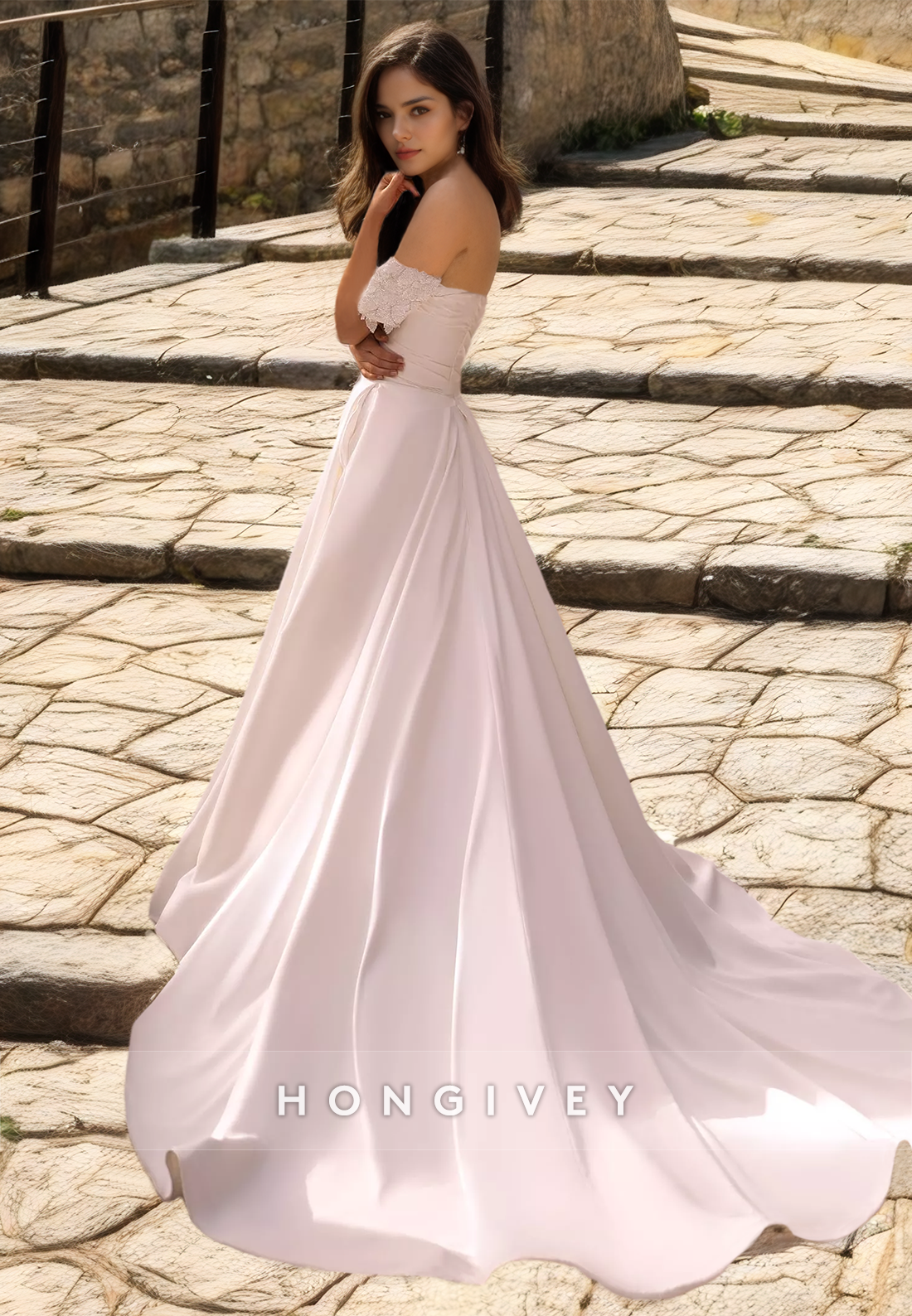 Sexy Satin A-Line Off-Shoulder Ruched Empire Appliques With Train Wedding Dress