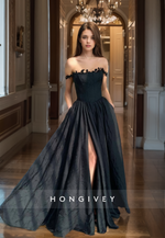 HONGIVEY Chic Black Straps Evening Dress Applique A-Line Formal Prom Gown with Side Slit