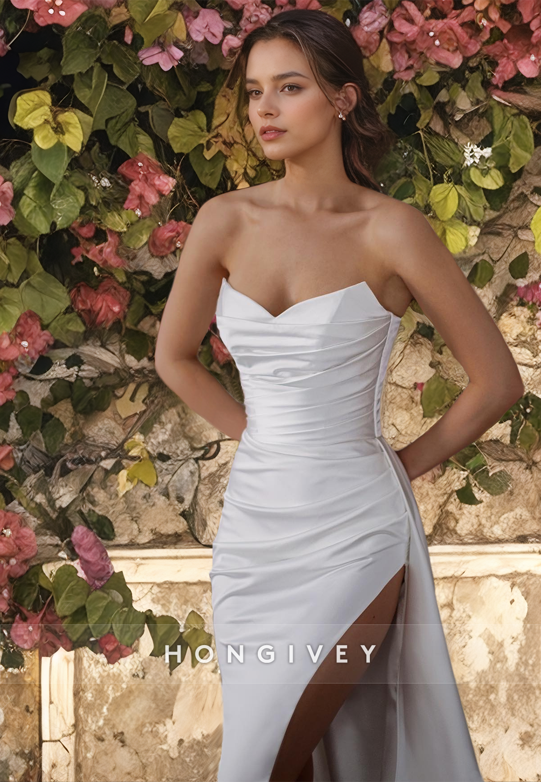 Satin Strapless Sleeveless Pleats With Side Slit Train Wedding Dress