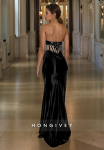 HONGIVEY Sexy Strapless Beaded Sheath with Side Slit Purple Evening Dress Formal Gown