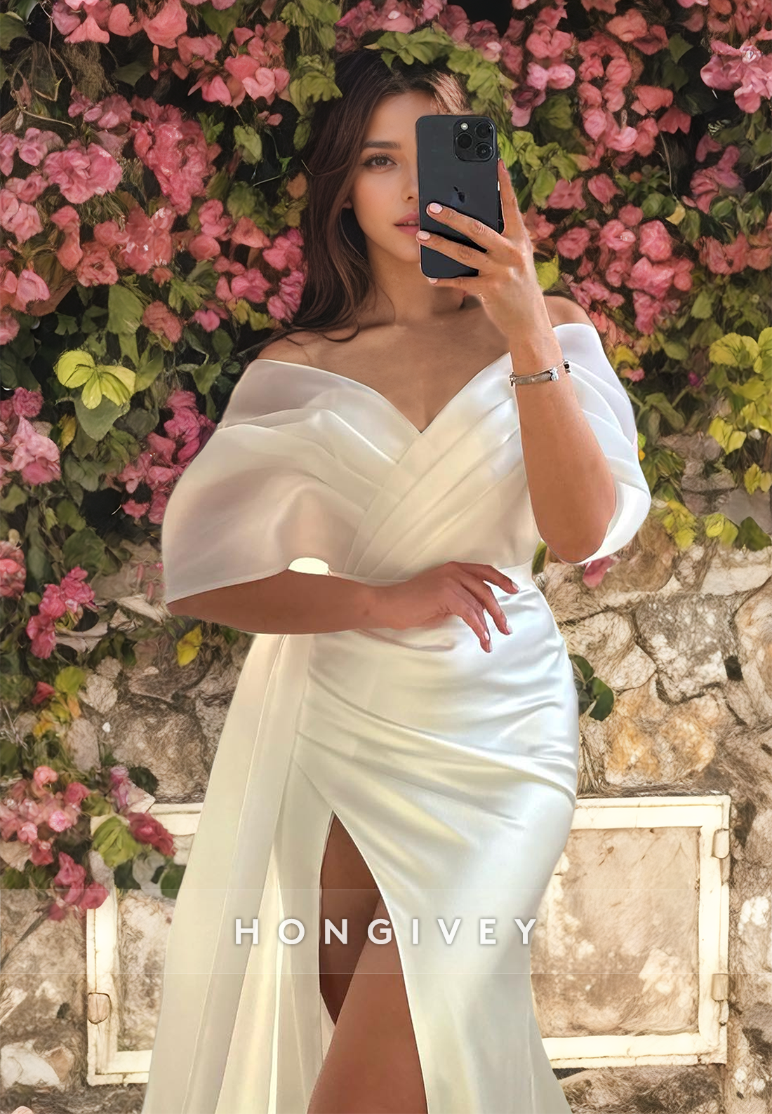 Satin Trumpet Off-Shoulder Ruched With Side Slit Train Wedding Dress