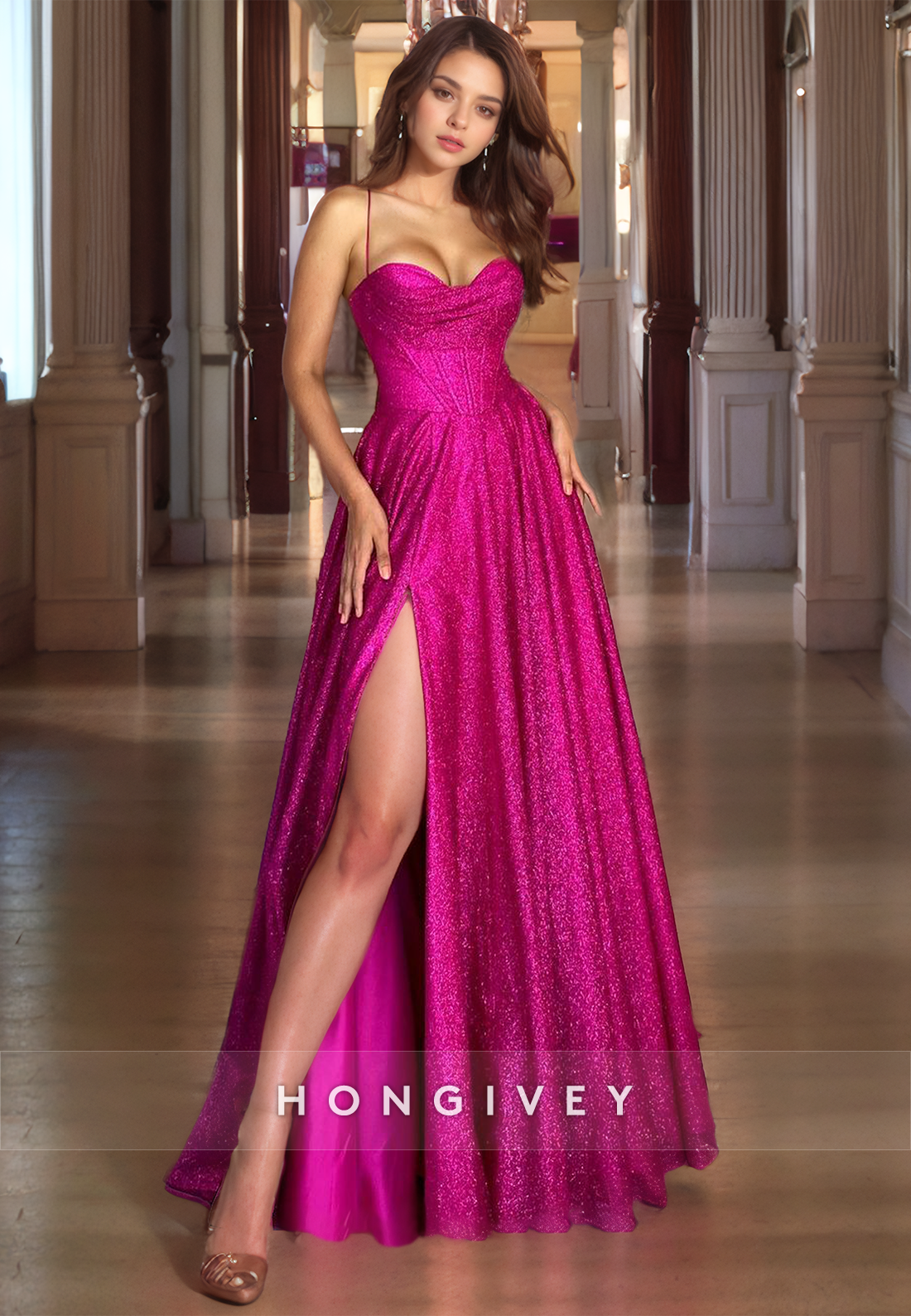 L1656 - Sexy A-Line Glitter Sweetheart Spaghetti Straps Empire With Side Slit Party Prom Evening Dress