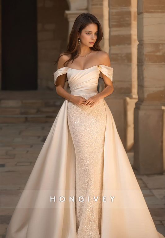 H1275 - Sexy Satin A-Line Off-Shoulder Empire Pleats Beaded Overskirt Gown Wedding Dress