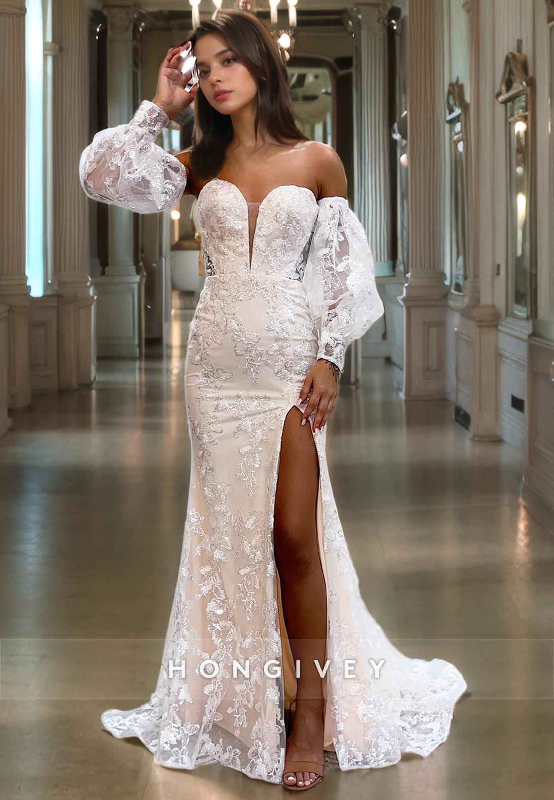 L1196 - Fully Lace Embroidered Plunging Illusion Puff Sleeves With Train And Slit Party Prom Evening Formal Dress