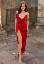 Sexy Ruched Sleeveless Satin Classic V-Neck Evening Dress HONGIVEY