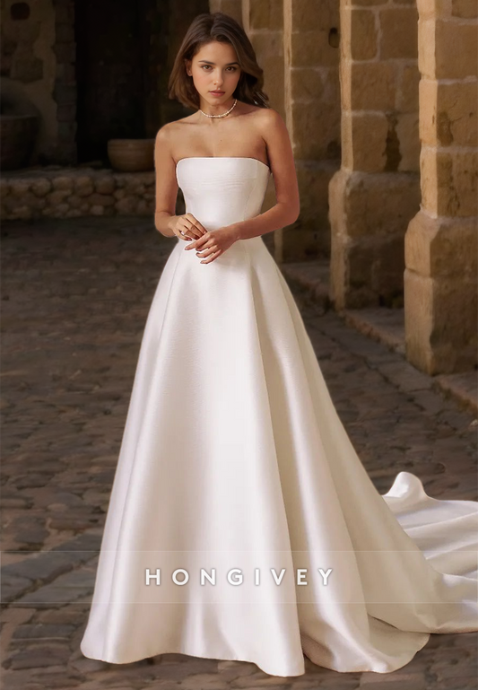 HONGIVEY Strapless Wedding Dress with Train A-Line Sleeveless Classic Satin Bridal Dresses