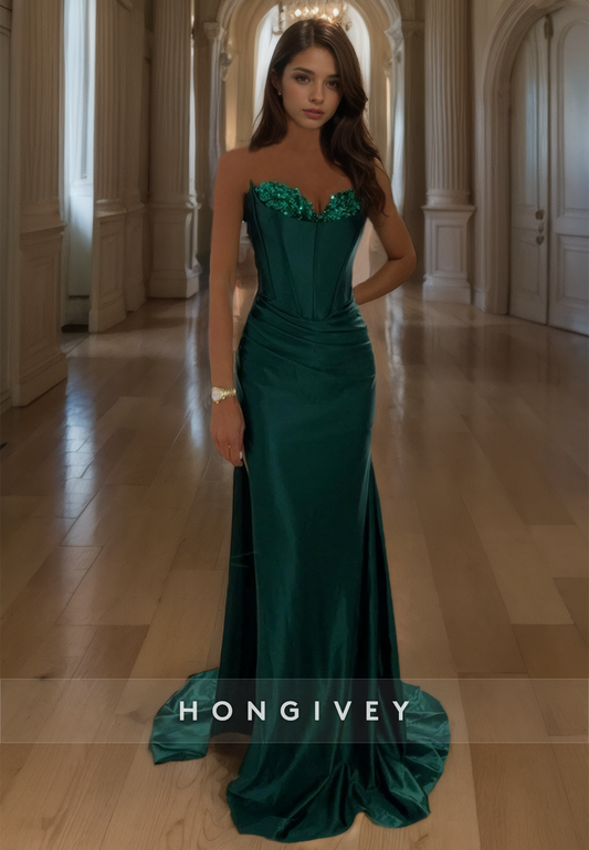 Dark Green Beaded Formal Evening Dress Sweetheart A-Line Prom Gown with Train