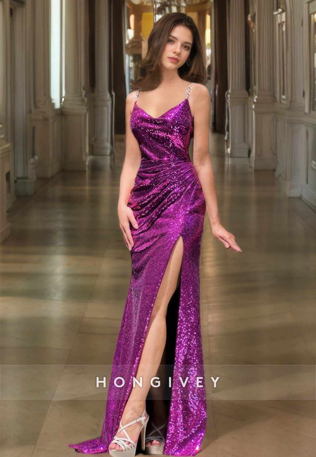 Fully Sequined V-Neck High Slit With Train Party Evening  Prom Dress