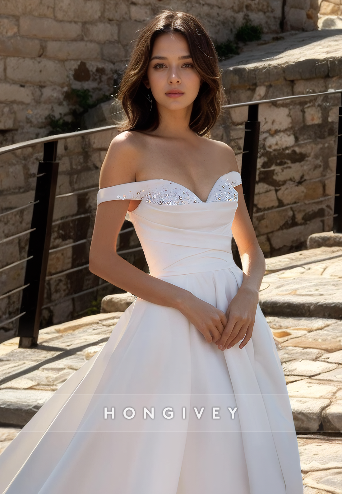 Sexy Satin A-Line Off-Shoulder Empire Ruched With Train Wedding Dress