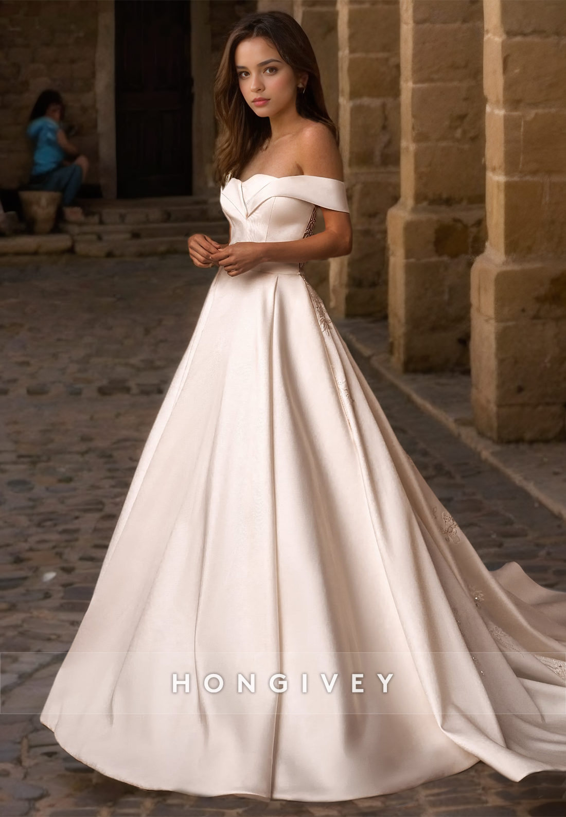 Sexy Satin A-Line Off-Shoulder Empire Appliques With Train  Wedding Dress