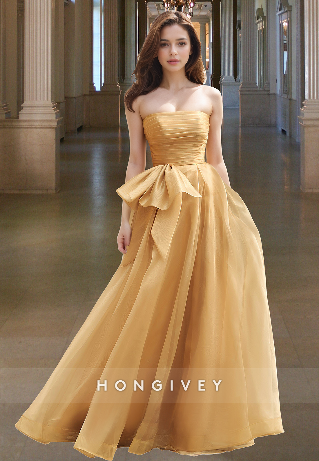 Formal Strapless Evening Dress A-Line Yellow Ruched Tulle with Bow Prom Gown