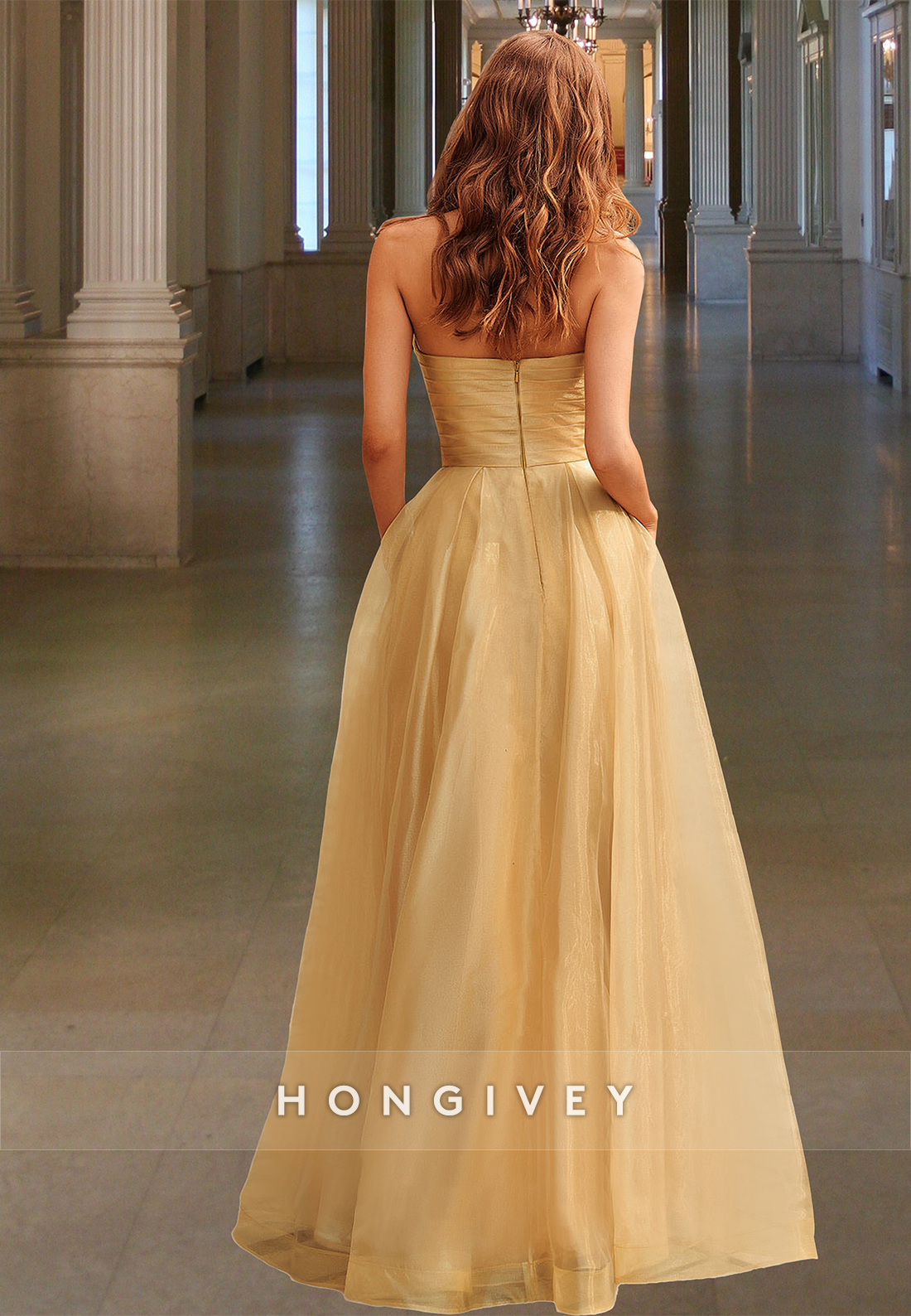 Formal Strapless Evening Dress A-Line Yellow Ruched Tulle with Bow Prom Gown