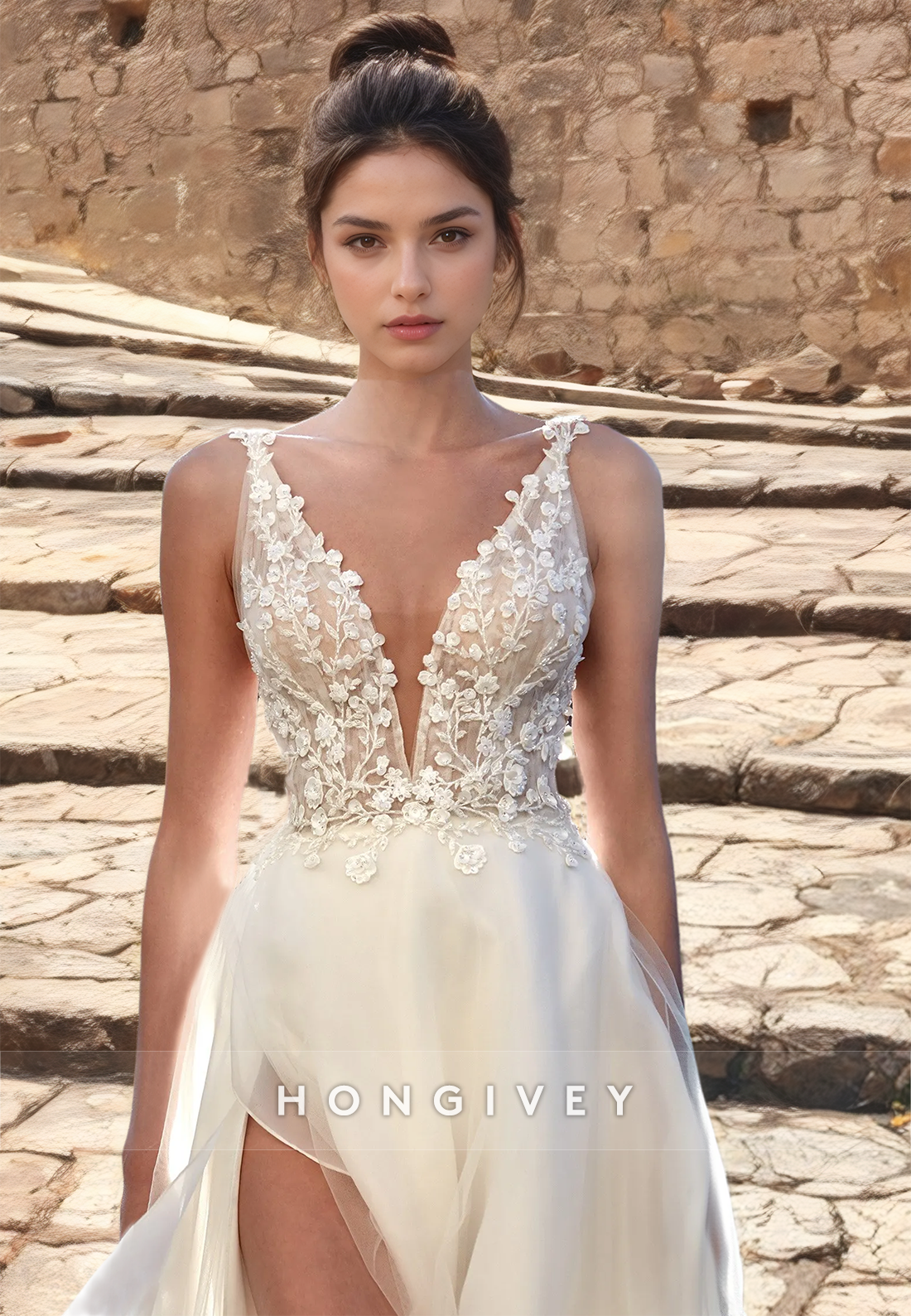 Sexy Tulle A-Line V-Neck Spaghetti Straps Illusion Empire Appliques With Side Slit Wedding Dress