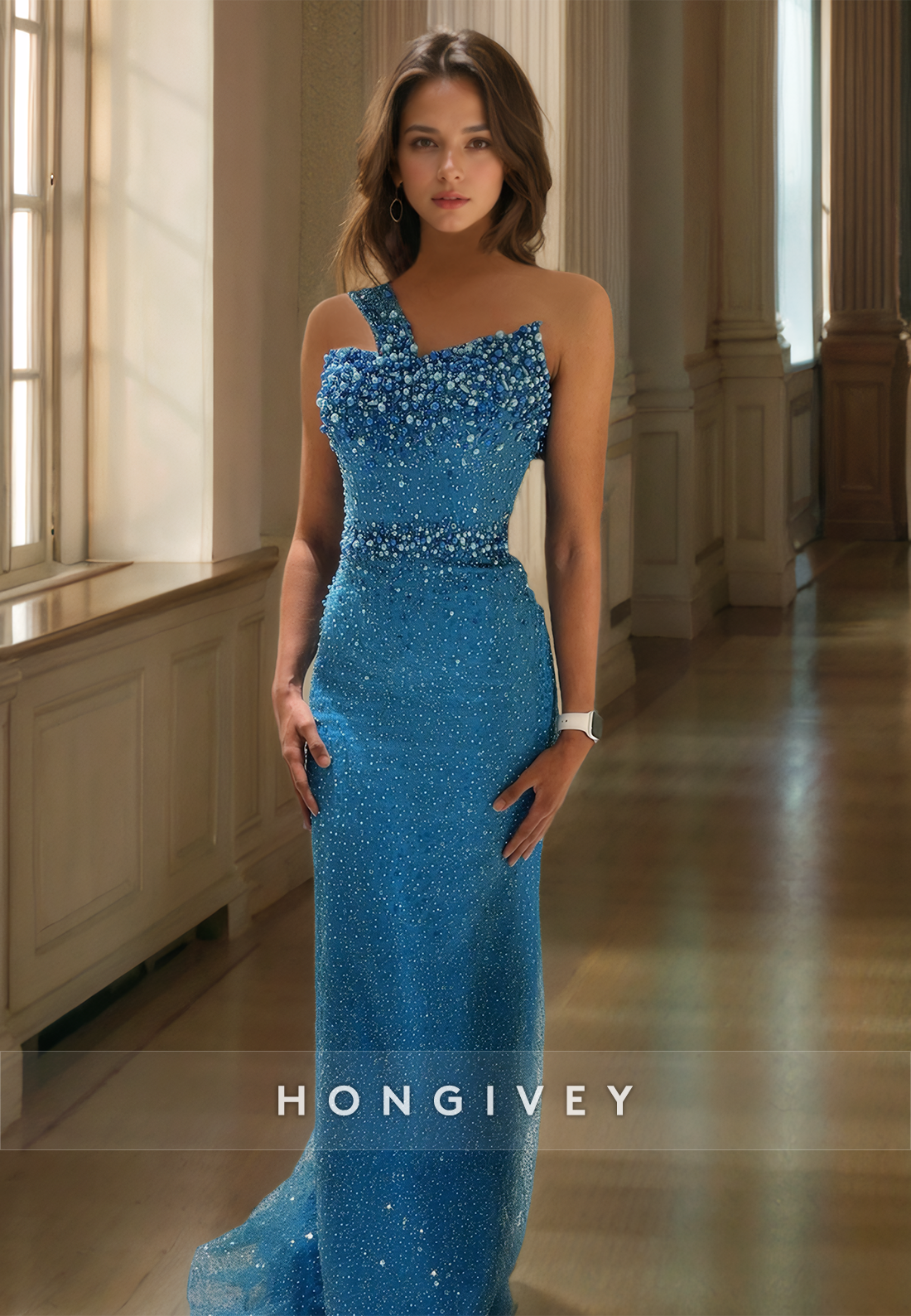 HONGIVEY Gorgeous Mermaid Formal Evening Dress Beaded Straps with Belt Party Gown