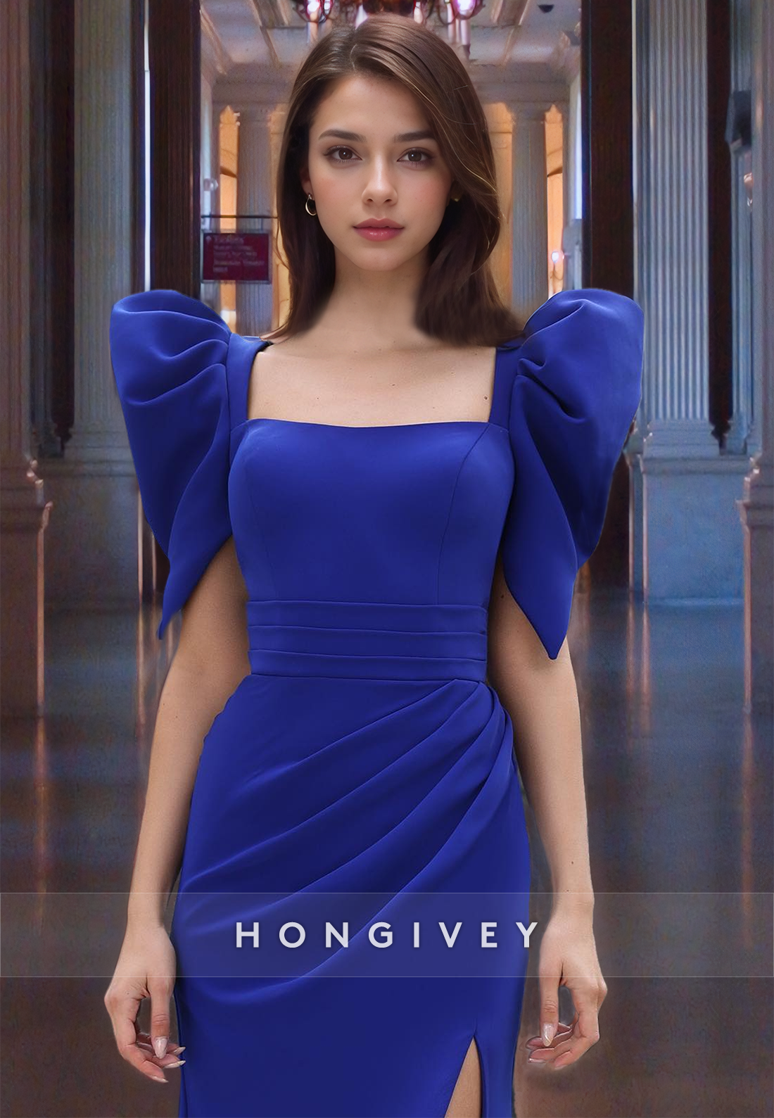 Classic Square Short Sleeves Prom Gown Satin Blue Side Slit Evening Dress