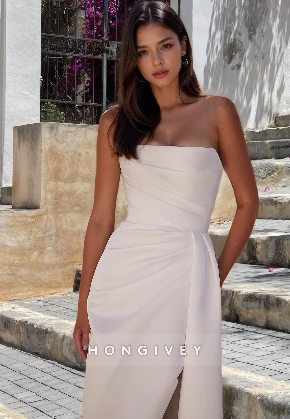 Satin Bateau Sleeveless  Empire Pleats With Side Slit Wedding Dress