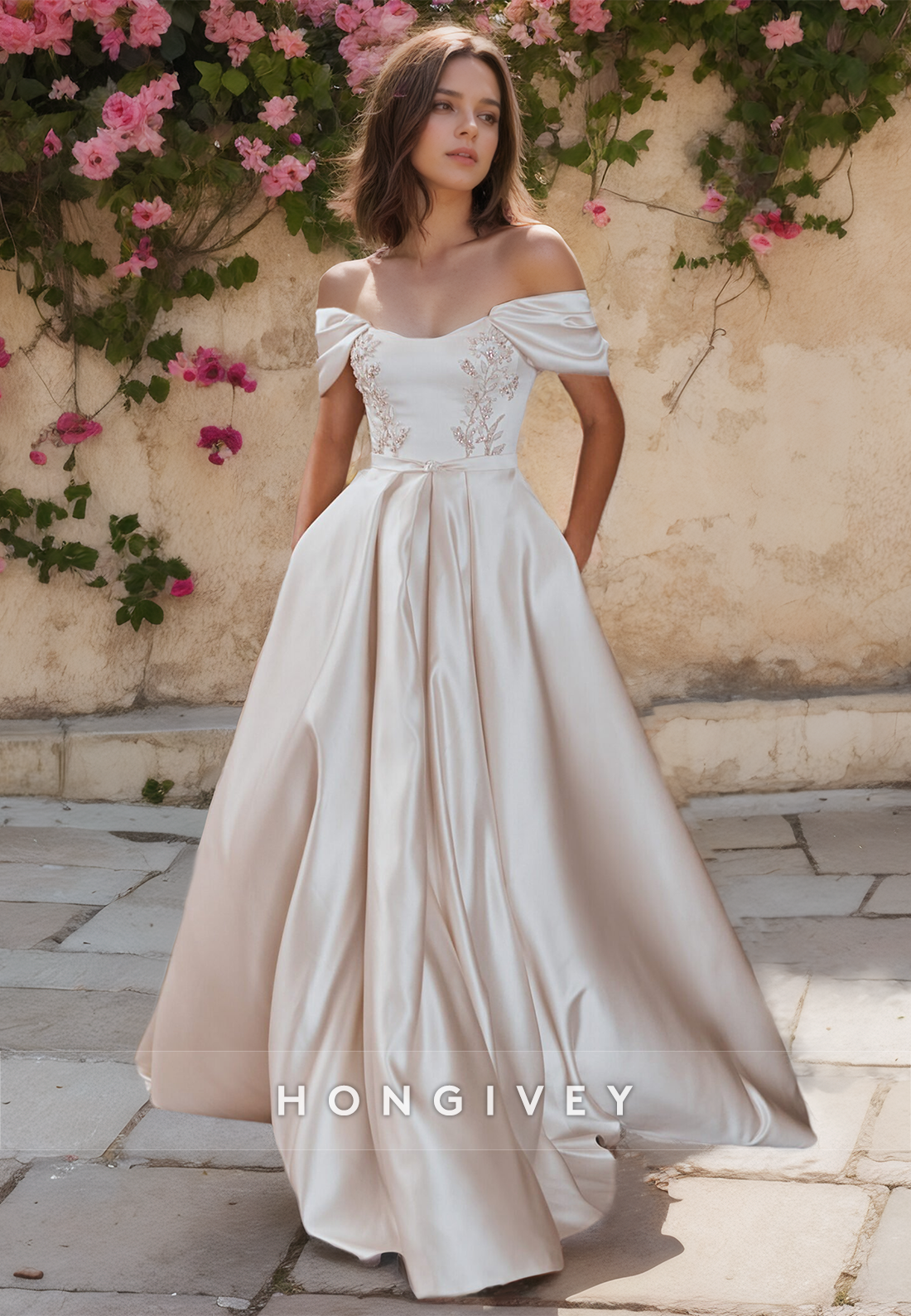 Sexy Satin A-Line Off-Shoulder Empire Beaded Embroidery With Pockets Train Wedding Dress