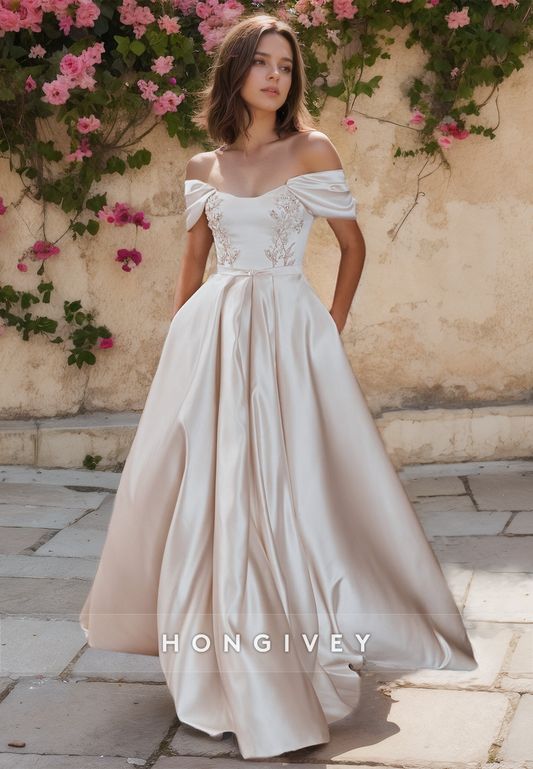 Sexy Satin A-Line Off-Shoulder Empire Beaded Embroidery With Pockets Train Wedding Dress