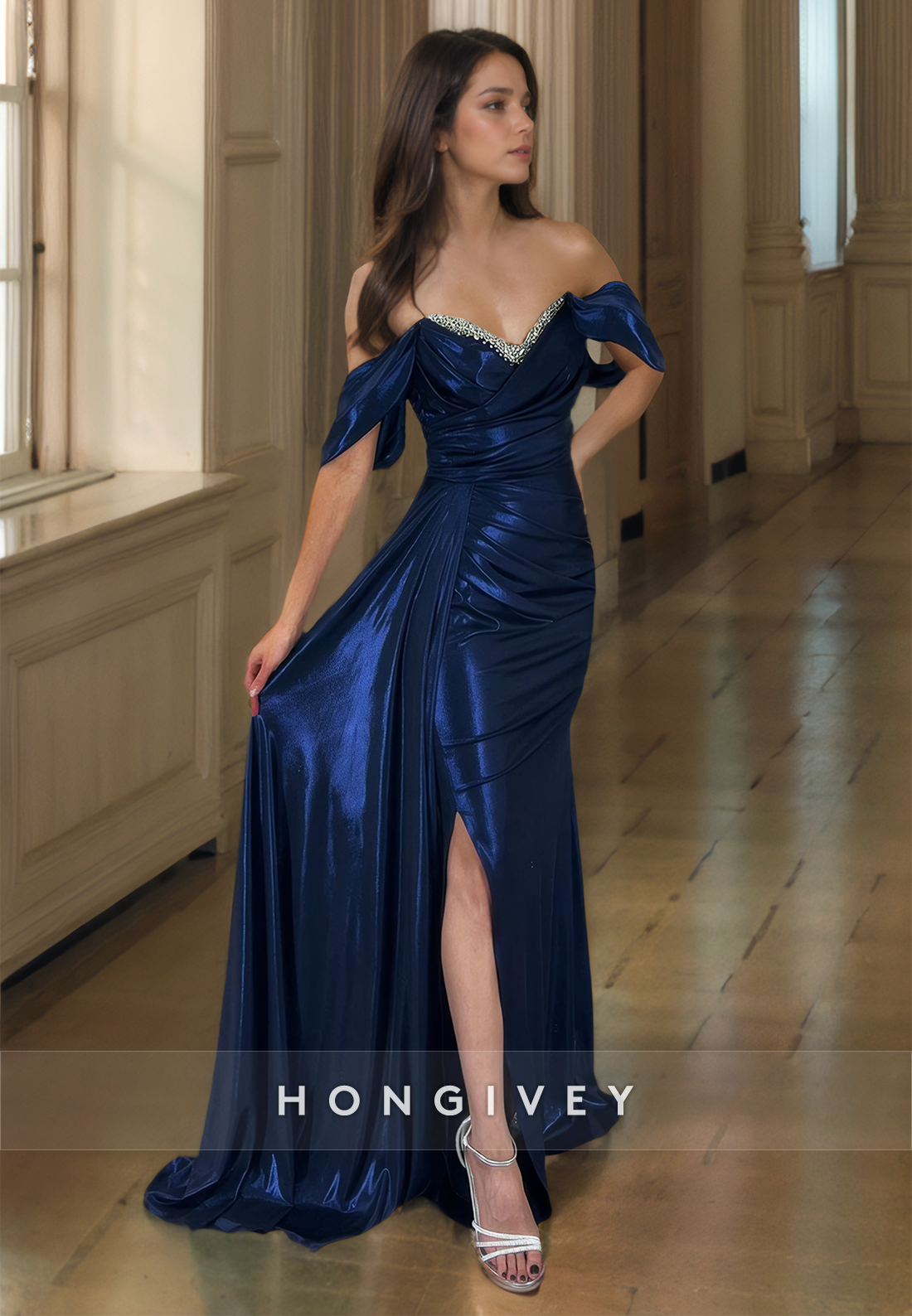 HONGIVEY Classic Off-Shoulder Beaded Formal Evening Dress with Side Slit