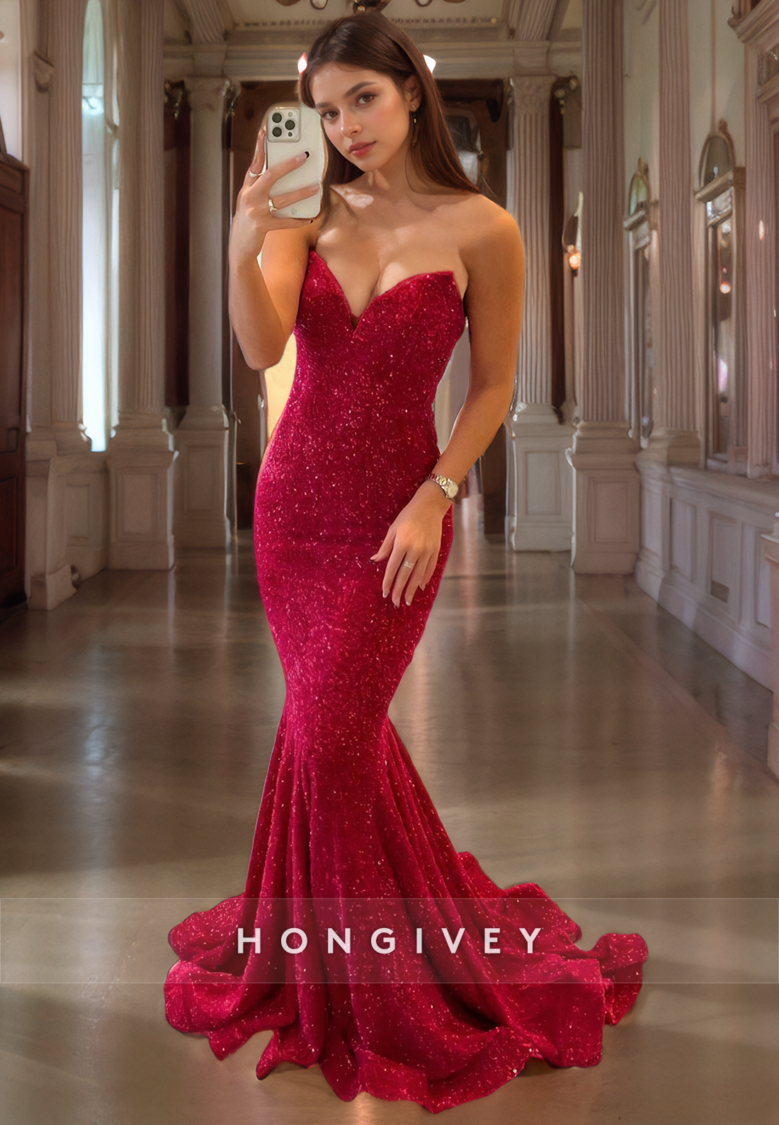 L1184 - Strapless Fully Sequined Mermaid With Train Evening Formal Party Prom Dress