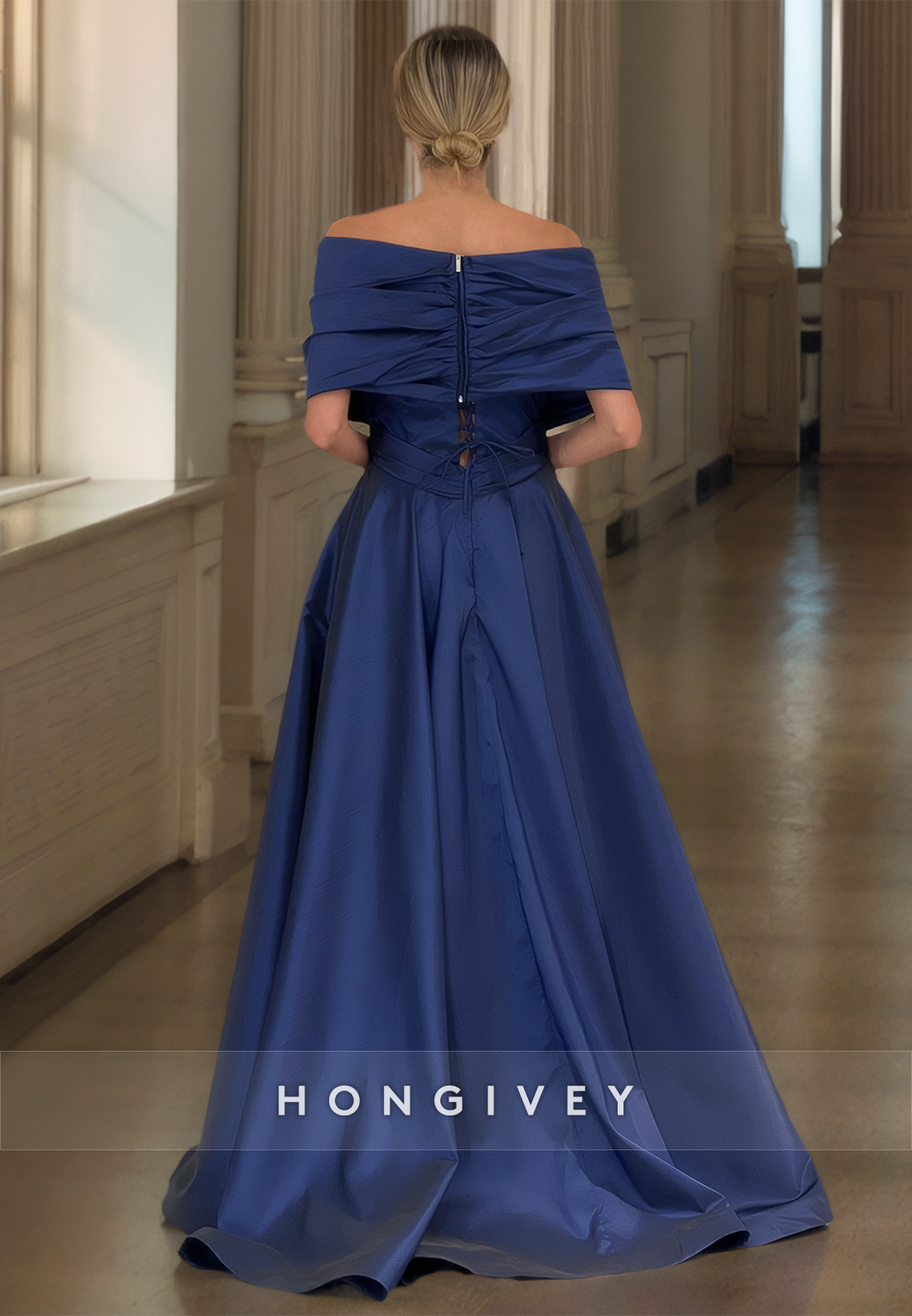 HONGIVEY Classic Solid A-Line Formal Evening Dress Floor Off-Shoulder Customized Prom Gown