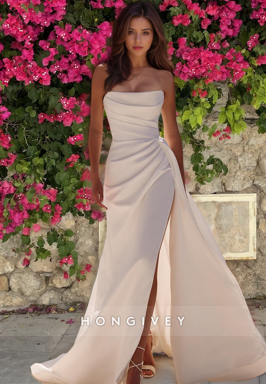 Satin Bateau Sleeveless  Empire Pleats With Side Slit Wedding Dress