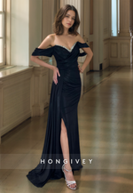 HONGIVEY Classic Off-Shoulder Beaded Formal Evening Dress with Side Slit