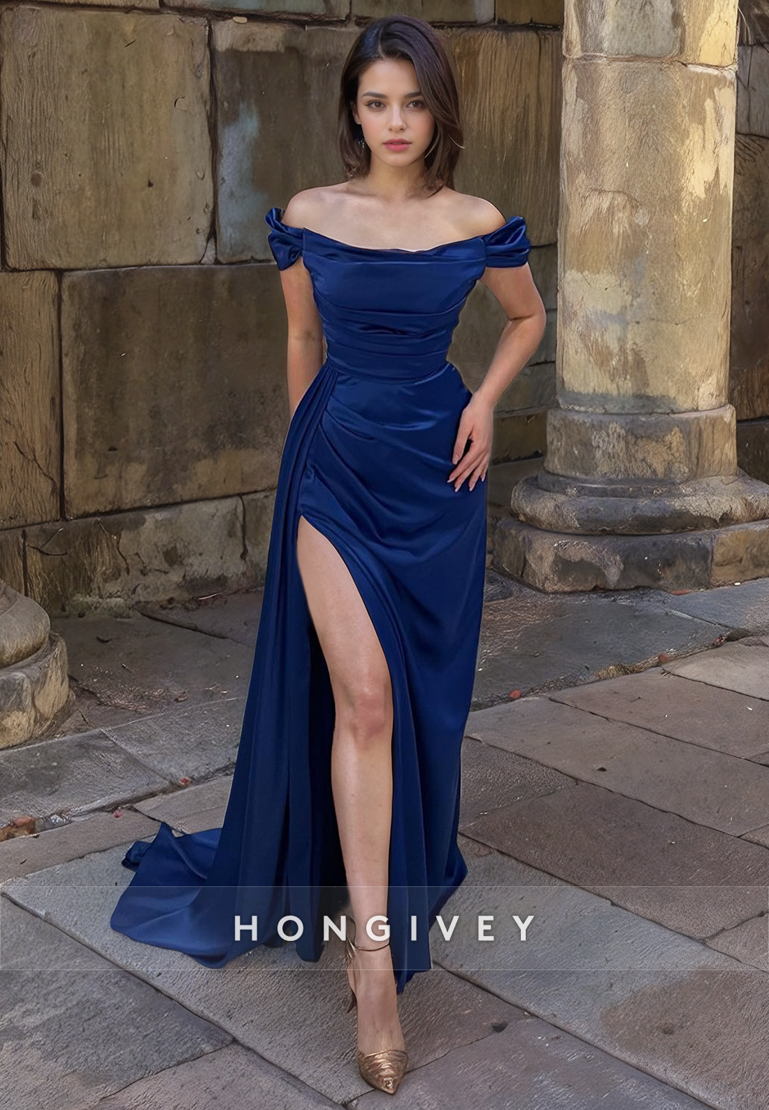 Classic Bateau Off-Shoulder with Slit Formal Party Gown Evening Dress HONGIVEY