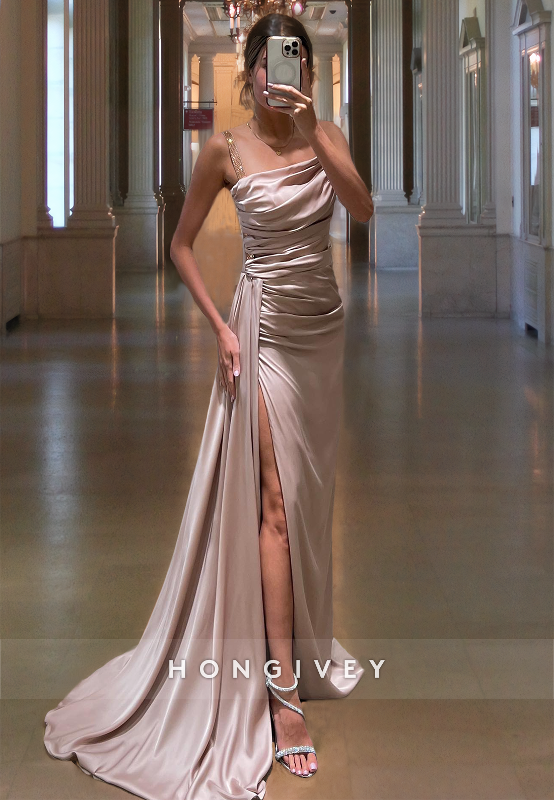 Elegant Straps Pleated Prom Gown with Train Side Slit Evening Gown Robe