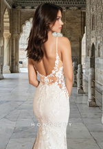 Sexy Fitted Empire Mermaid Spaghetti Straps V-Neck with Train Wedding Dress