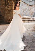 Chic Off-Shoulder A-Line Satin with Train Wedding Dress Bride Gown